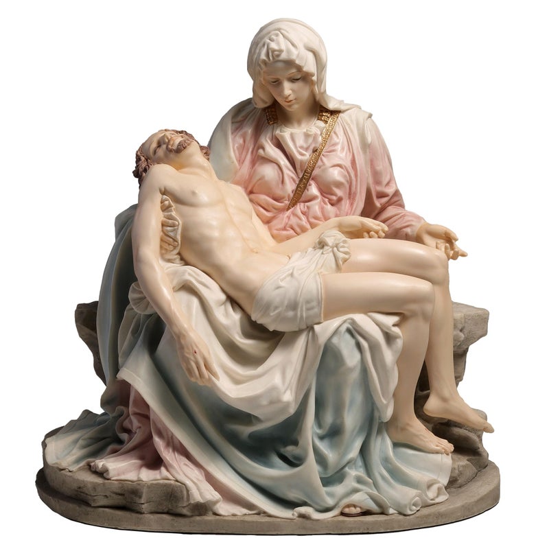 US 10.63 Inch Pieta and Michelangelo Decorative Figurine, Pink and Blue - Image 1